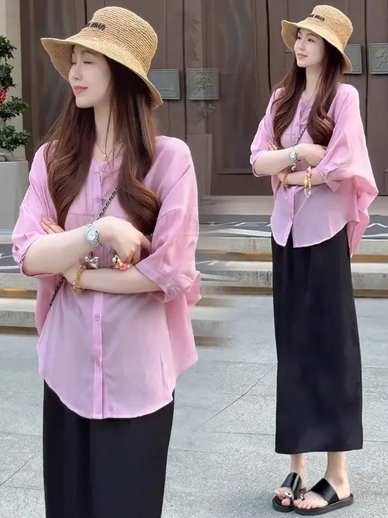 时尚连衣裙套装女2025夏季新款宽松洋气显瘦半袖衬衫半身裙两件套