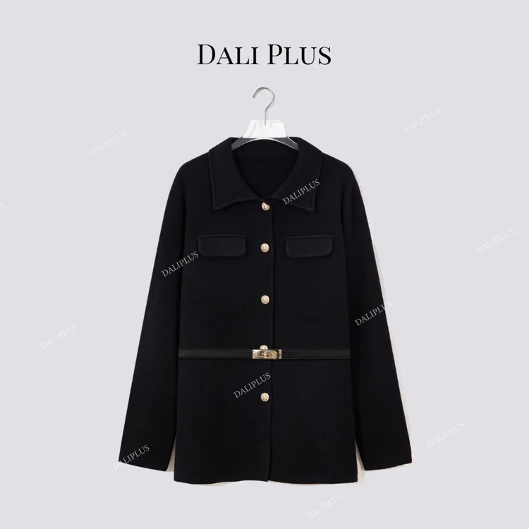 DALI PLUS“重磅羊毛腰带毛衣”巨时髦黑金长毛衣针织裙-D5SZ8202