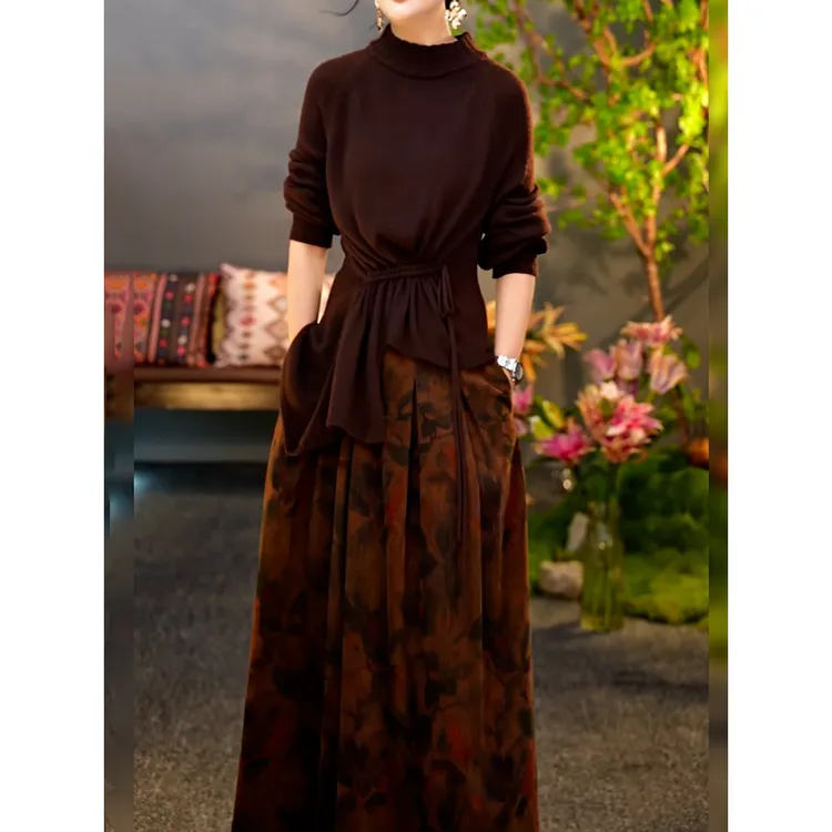 复古小众民族风裙套装2025冬季新款不规则慵懒百搭针织衫+半身裙