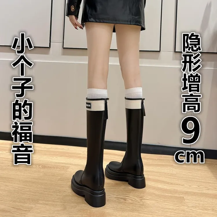 同款百搭鞋子真皮长靴厚底拼色字母款显瘦高美拉德靴子