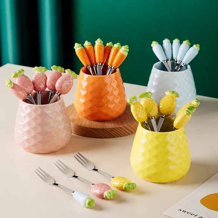 轻奢创意水果叉收纳罐套装家用304不锈钢水果签甜品签家用陶瓷