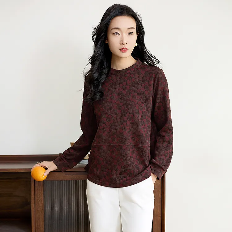 阿吉多长袖重工提花t恤女秋冬新款圆领打底衫遮肚子拼接大码上衣