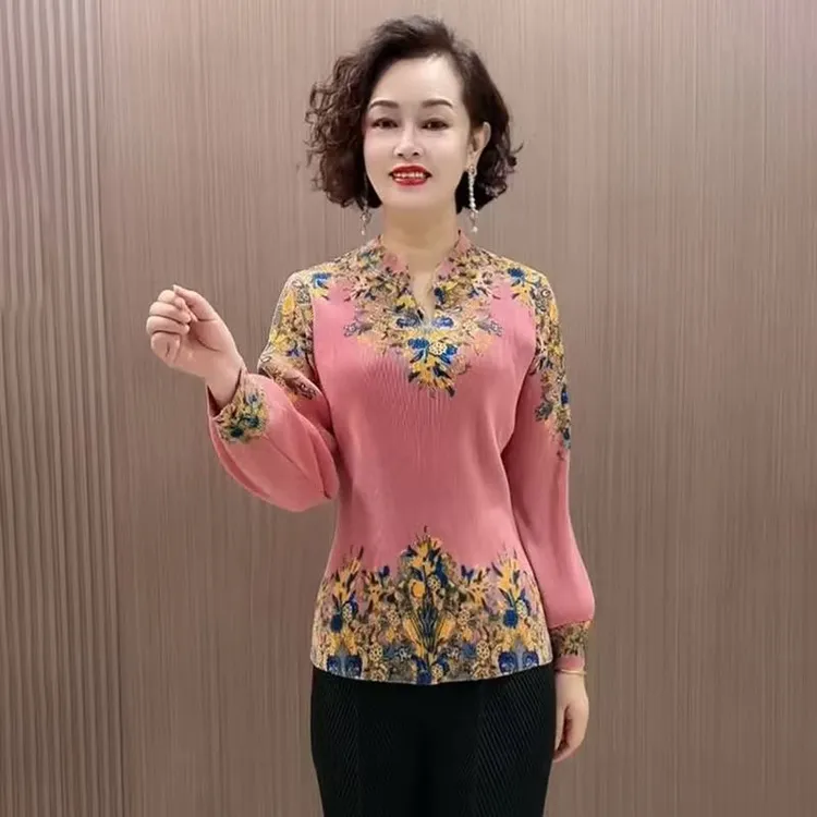 春秋长袖百搭宽松遮肉大码褶皱衬衣气质定位花小衫妈妈装打底上衣