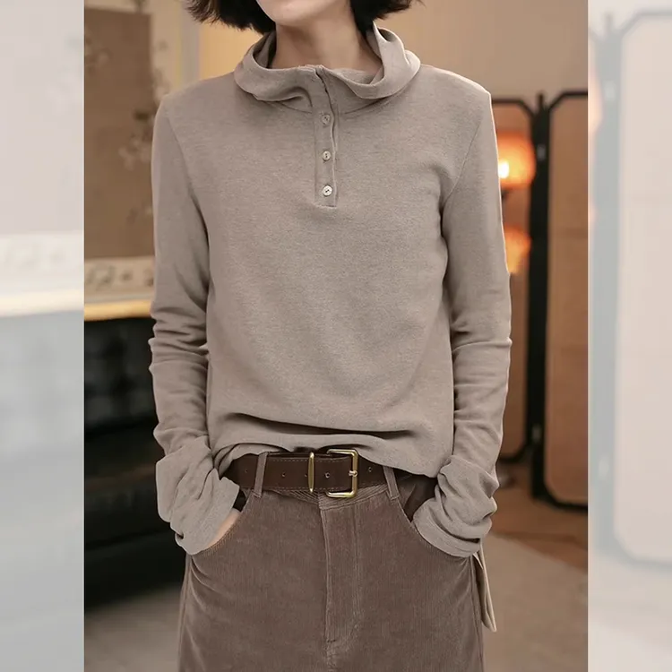 修身显瘦打底上衣秋冬新款胖MM大码女装简约半开领纽扣连帽T恤女