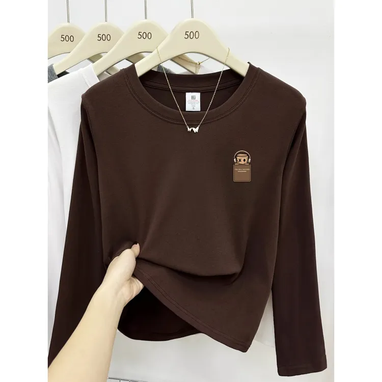 美式复古正肩长袖t恤女秋冬季大码微胖mm遮肉圆领内搭打底衫上衣