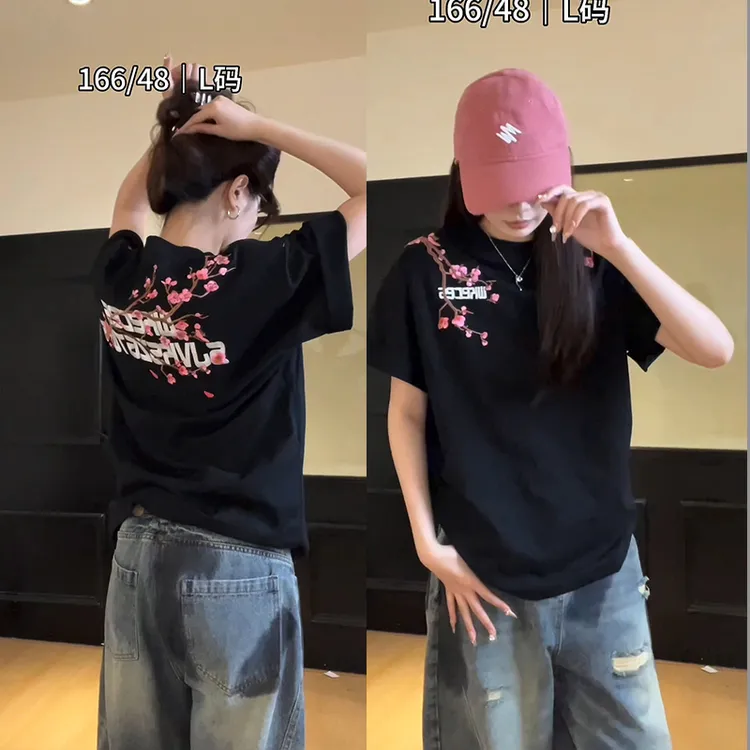 夏季新款花卉刺绣纯棉短袖T恤男女宽松圆领半袖潮流情侣上衣ins