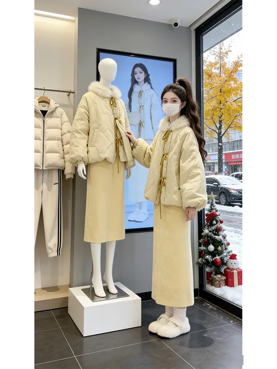 2026秋冬搭配新中式国风花苞刺绣保暖棉服外套旗袍连衣裙两件套