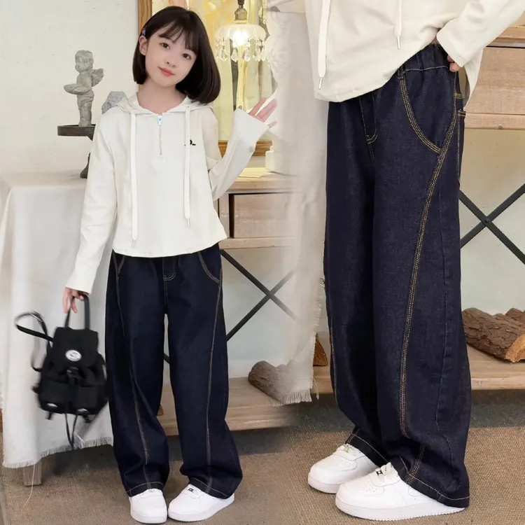 2025秋冬男女童休闲牛仔裤百搭宽松中大童百搭弯刀裤针织帽衫套装