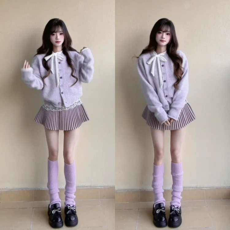 紫色圆领毛衣外套女2026春秋新款慵懒温柔风软糯针织开衫短款上衣