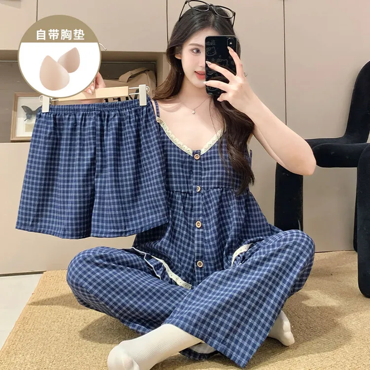 网红风蓝格子带胸垫三件套装睡衣女士夏季爆款吊带短裤外穿家居服