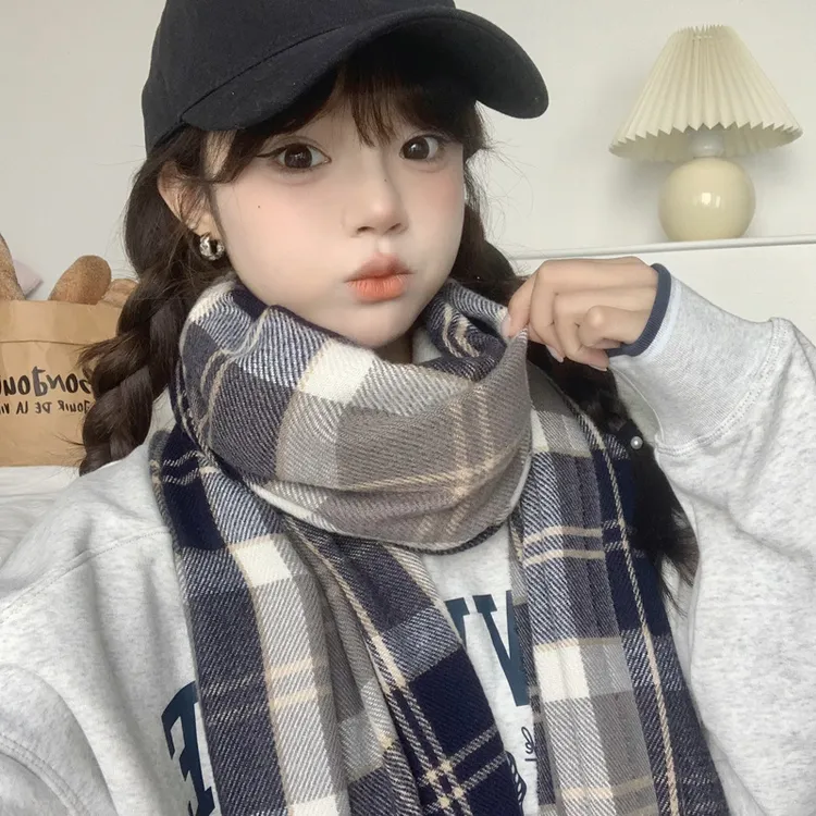 学院风格子围巾女冬季高级感韩版百搭学生情侣冬季保暖围脖礼物