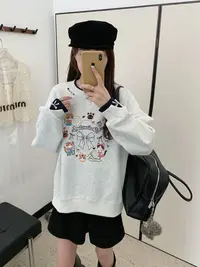 小慧 卡通圆领刺绣猫咪拼色领卫衣 ke34