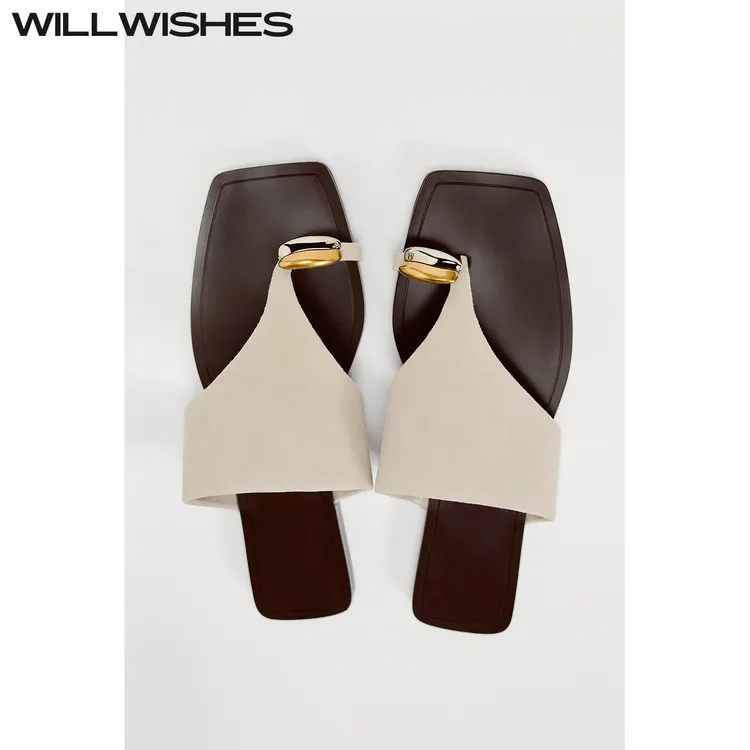 WILLWISHES/王玎设计女鞋2025夏季新款复古平底鞋一字拖鞋女外穿