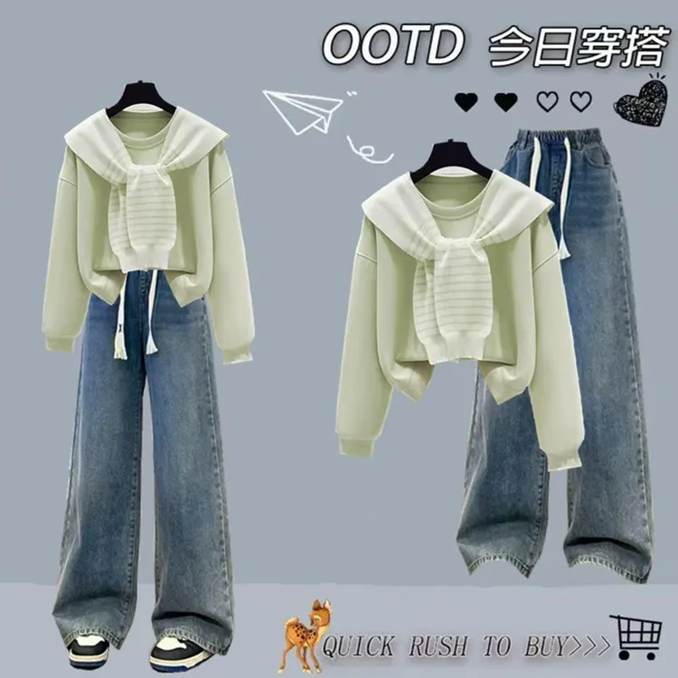 12-15岁大童套装13女孩秋冬高初中先生洋气披肩卫衣牛仔裤两件套