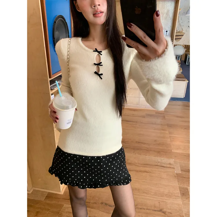 【小岛杏章】冬季甜美气质温柔蝴蝶结显瘦长袖修身时尚百搭毛衣1175