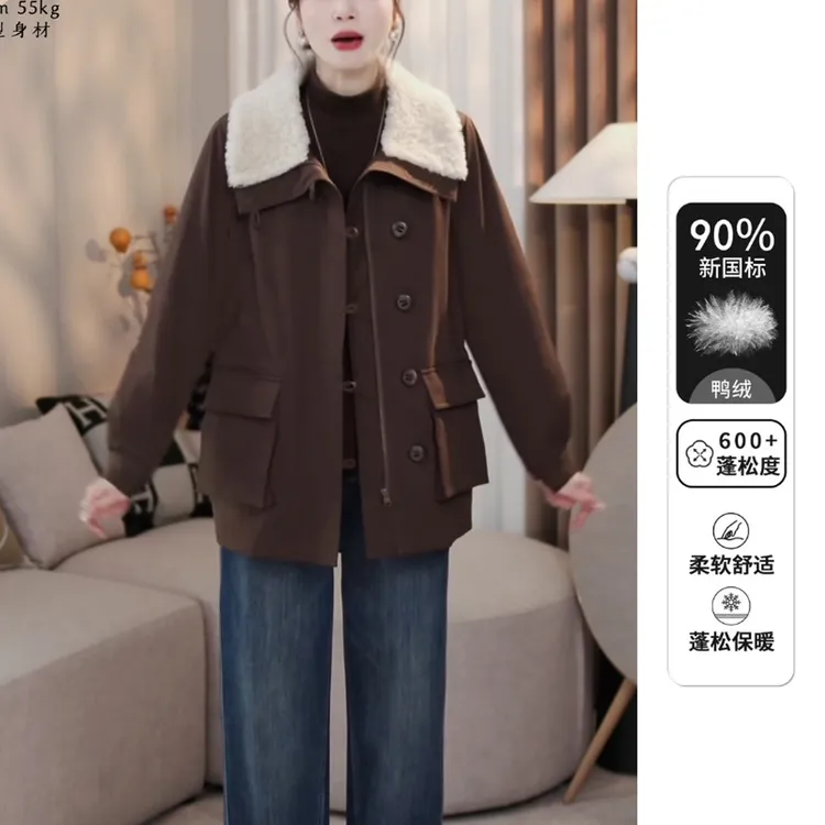 “毛领派克”温暖过冬~毛毛领拼接收腰大口袋羽绒服外套女90白鸭绒