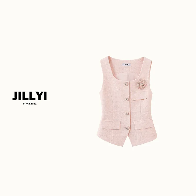 JILLYI南山店【浪漫樱花】街头纯色洋气无袖针织上衣马甲时尚小香风