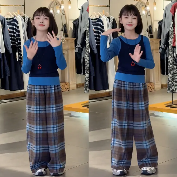 女童秋季新款潮流时尚韩范叠穿背心长袖撞色格子休闲裤三件套