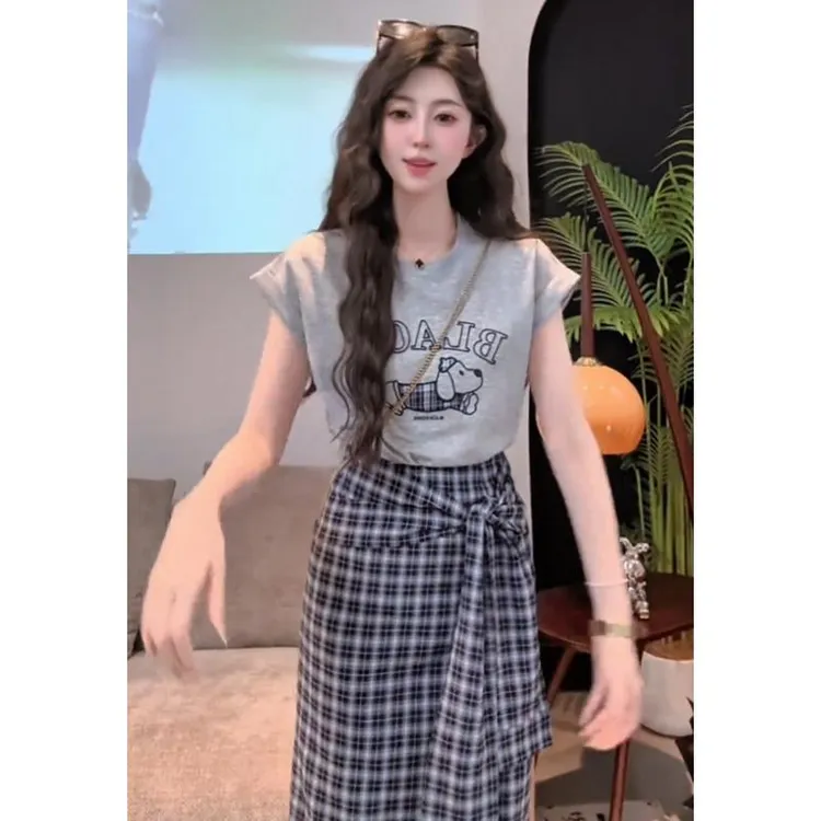 美式复古小狗卡通印花灰色短袖恤女夏季设计感小众修身体恤上衣