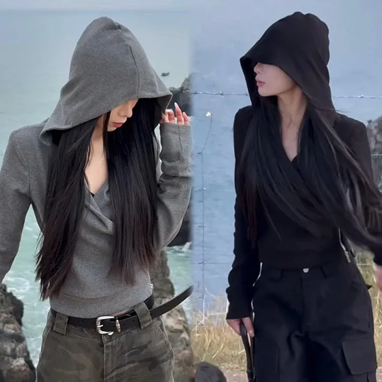 灰色连帽V领帽衫休闲慵懒风上衣女秋季新款交叉打底长袖修身显瘦Y