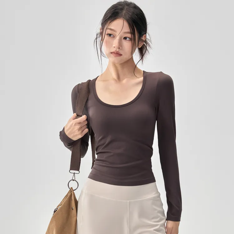 带胸垫健身瑜伽服女U领显瘦普拉提长袖修身高弹螺纹运动上衣秋冬