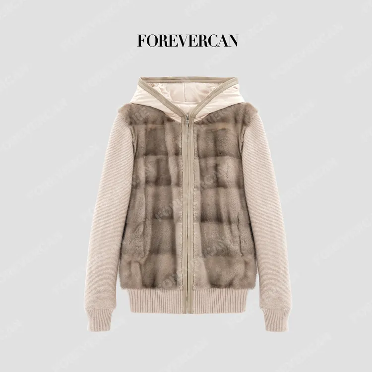 FOREVERCAN“尤斯顿”立裁水貂羽绒羊绒羊毛连帽针织外套FC57486