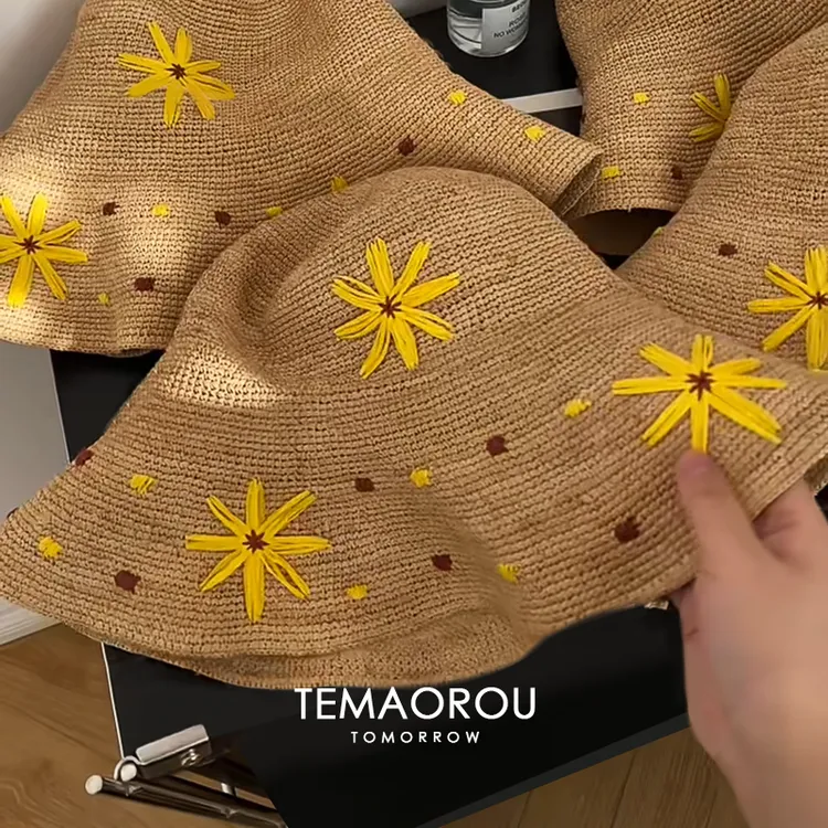 折叠可爱刺绣黄色雏菊草编防晒渔夫帽子女2025年夏季新款海边草帽