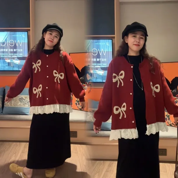 梨形身材穿孕妇秋冬外穿时尚加厚宽松蝴蝶结毛衣外套搭连衣裙套装