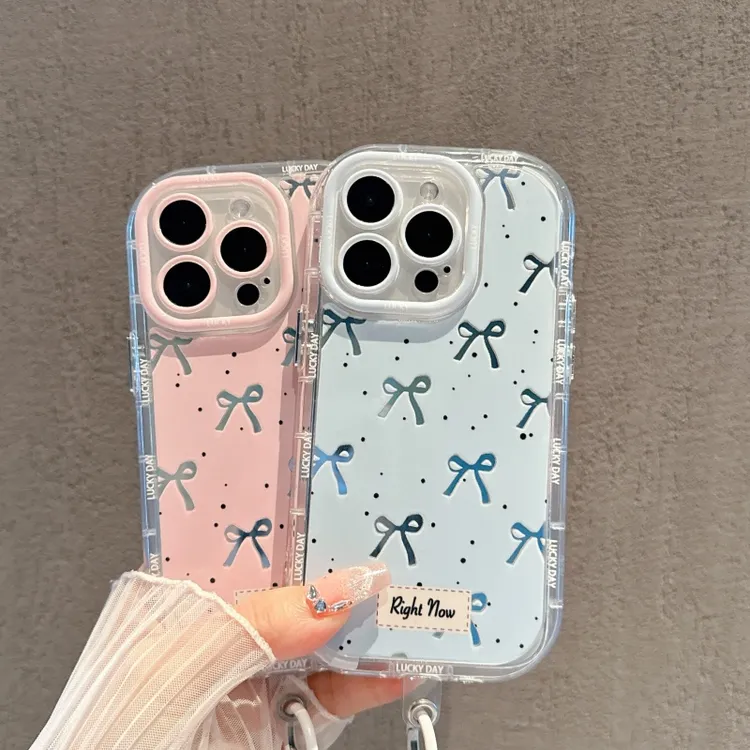 ins蝴蝶结适用苹果15手机壳华为oppo小米vivo镜面iphone13/14挂绳