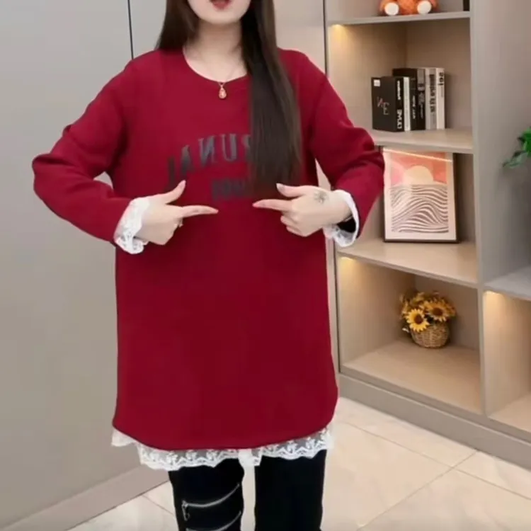 8812-2025年秋冬新款时尚洋气显瘦设计感拼接蕾丝边加绒T恤