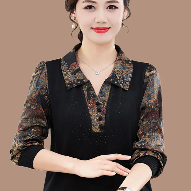 皮尔卡丹中年妈妈秋装新款大码套装长袖上衣服中老年女装衬衣五十