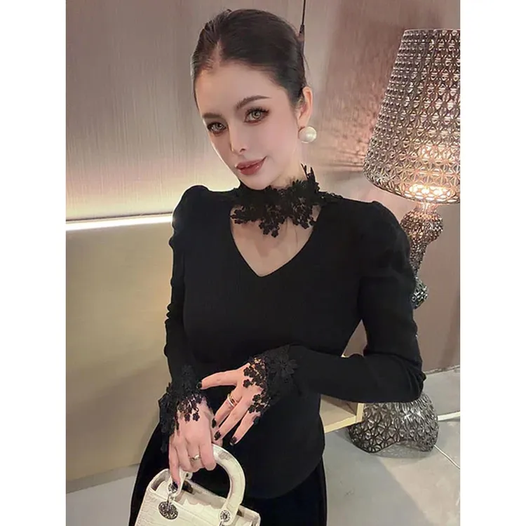 拼接蕾丝V领针织衫上衣女秋冬百搭款收腰修身显瘦百搭打底衫毛衣