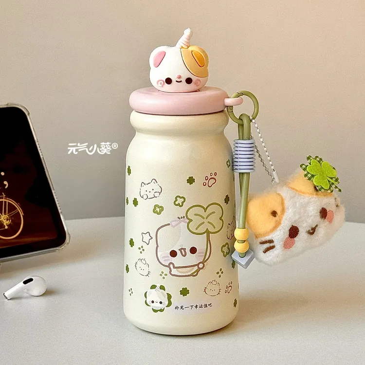 秋冬新款可爱小熊女生保温杯高颜值大容量少女心便携提绳吸管水杯
