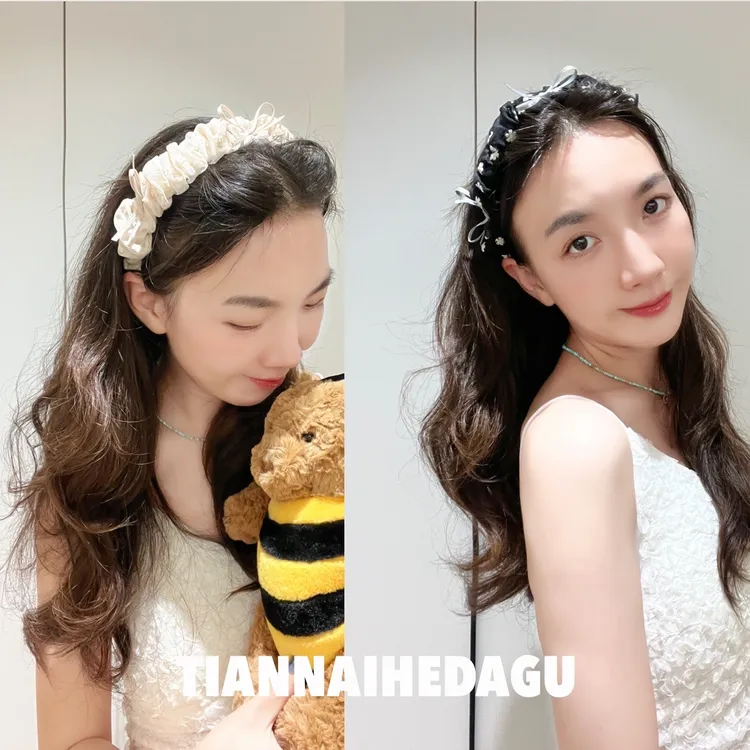 褶皱泡泡花文艺发箍 宽边百搭时尚蝴蝶结缎面大肠发饰头饰头箍