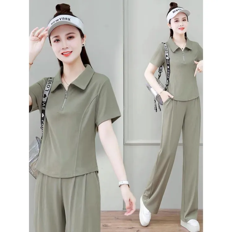 FAVMARTHA冰丝休闲运动服套装女2025夏季新款宽松大码翻领短袖阔