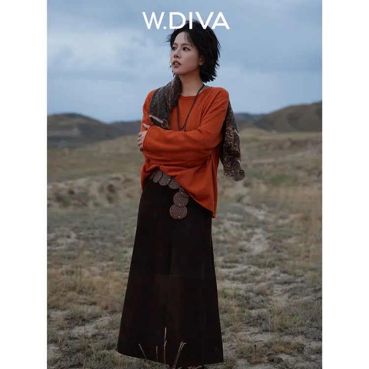 W.Diva【黛棕】山羊高脂鹿绒皮复古分割设计感A字大伞裙女53K202690