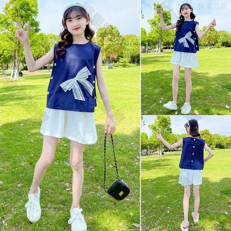 时髦新款两件套夏装夏天女童短裤夏季中大童套装儿童2025洋气薄款