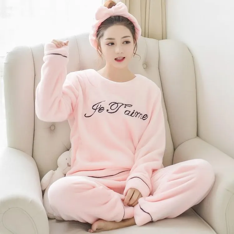 法兰绒睡衣女春秋冬季长袖可爱套装珊瑚绒学生加绒加厚家居服冬天