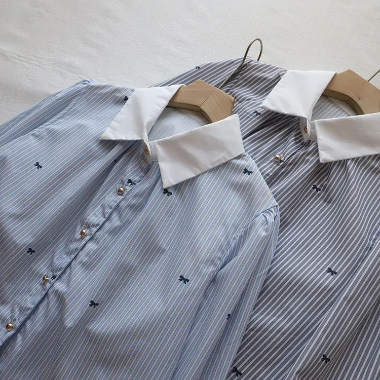 2025早春新品韩版气质简约条纹蝴蝶结百搭长袖女式衬衫洋气