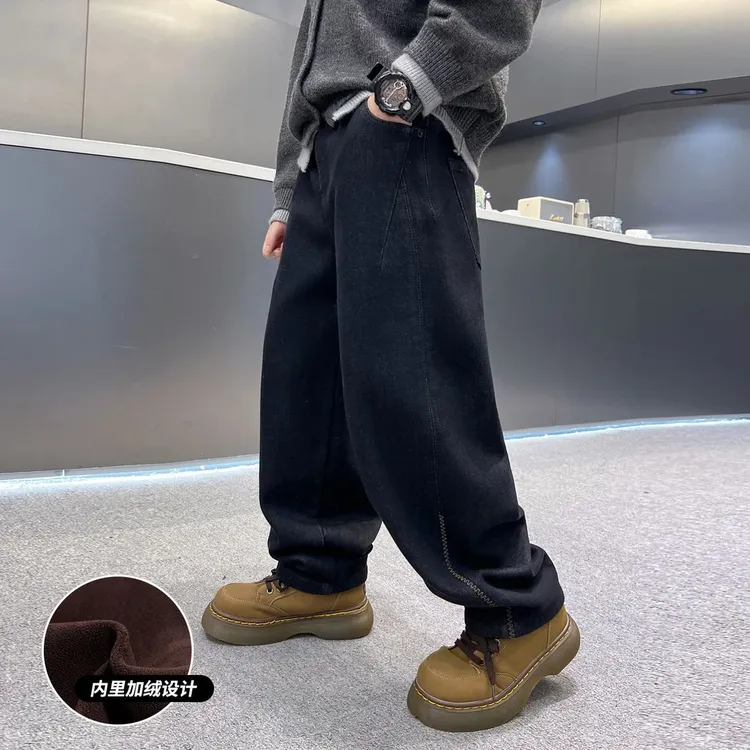 男童秋冬韩范加绒牛仔裤2025新款中大儿童长裤冬装加厚直筒裤子潮