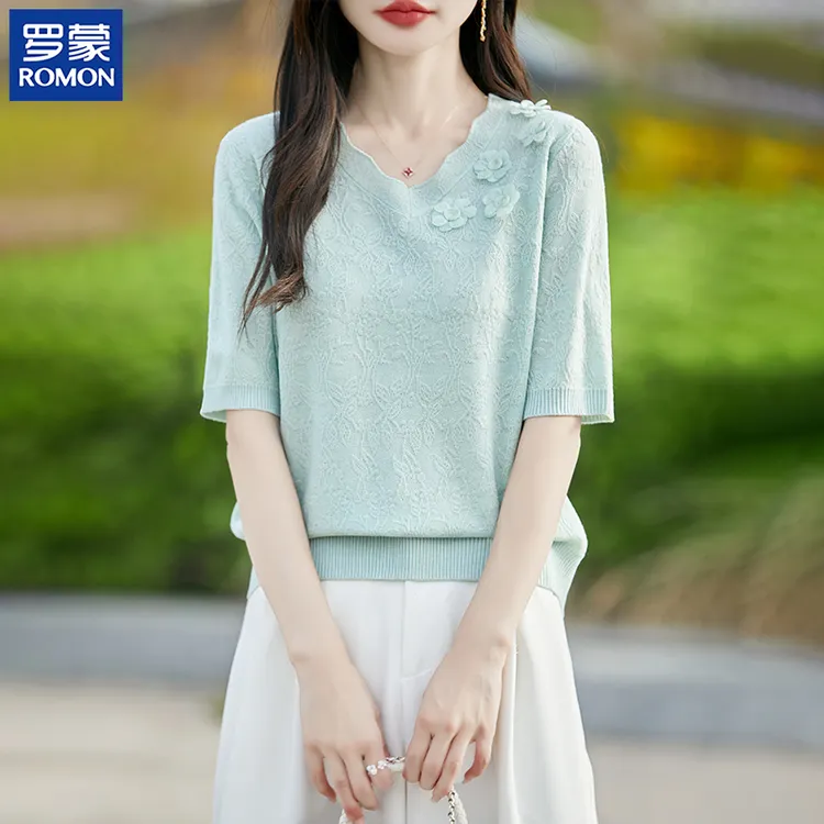 罗蒙妈妈夏装薄款针织短袖2025新款纯色绣花上衣中老年女休闲T恤 