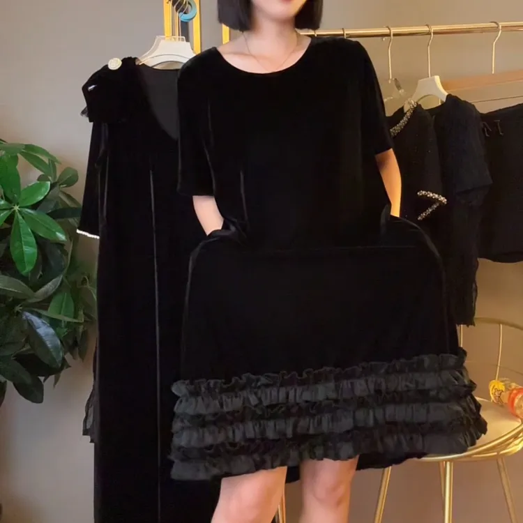 【秋秋家现货】宽松舒适木耳边半袖丝绒气质减龄连衣裙