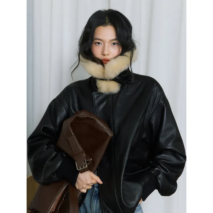 JCCC影子【黑标/夜航】黑色山羊绒毛领绵羊皮绗棉夹克外套JE5PCW11