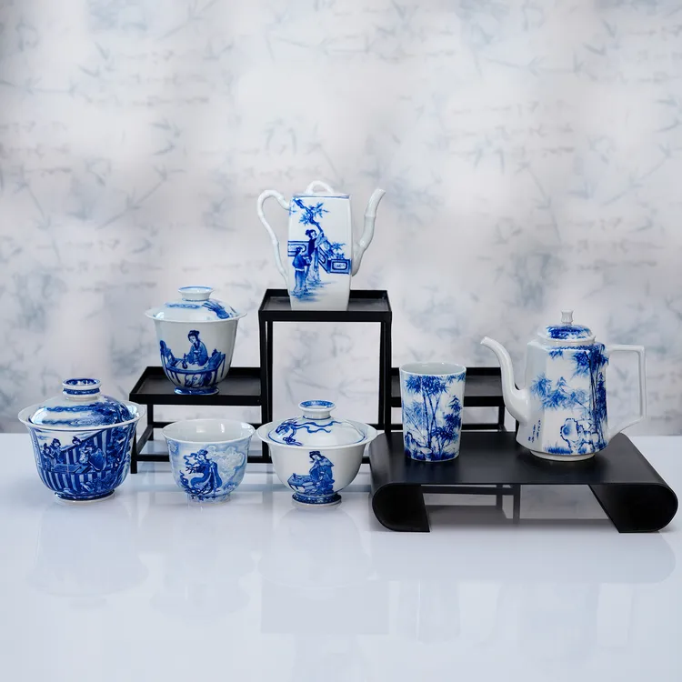 艺家仁精工青花红楼梦才女竹纹主人杯盖碗壶景德镇纯手工手绘茶器