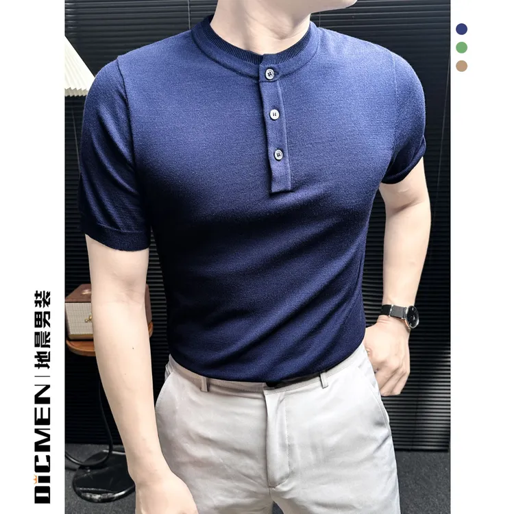 轻奢纯色针织短袖男t恤爆款2025新款商务休闲夏季透气轻熟风上衣