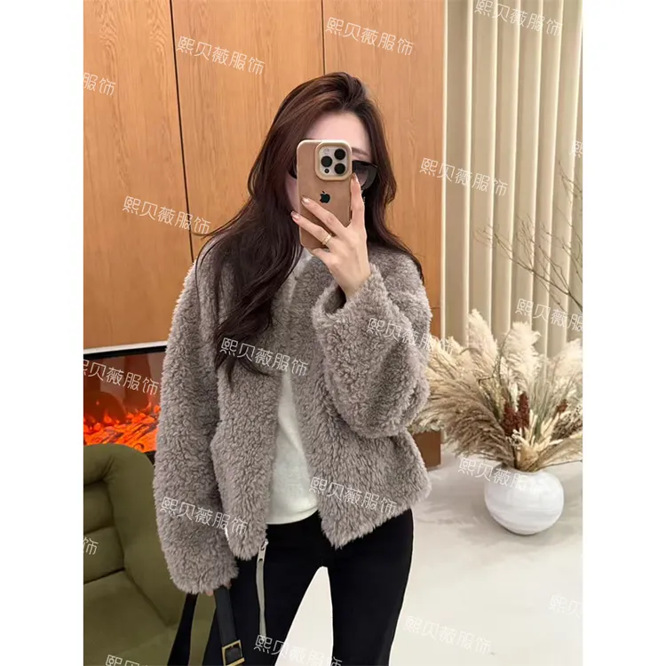 熙贝薇6 冬季新款颗粒全羊毛拉链百搭羊羔毛短外套 G5597