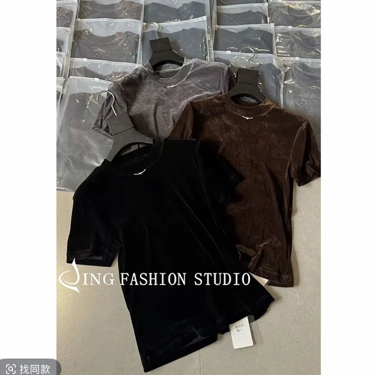 JING秋季新款1821纯色圆领丝绒短袖T恤女装舒适百搭宽松上衣