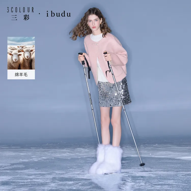 三彩ibudu2025冬季新款短款毛呢大衣盘扣短款女
