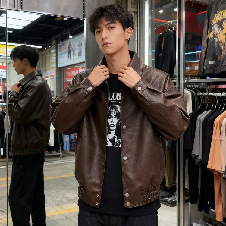 翻领美式皮夹克男款爆款2025新款休闲机车外套男生衣服高级感皮衣