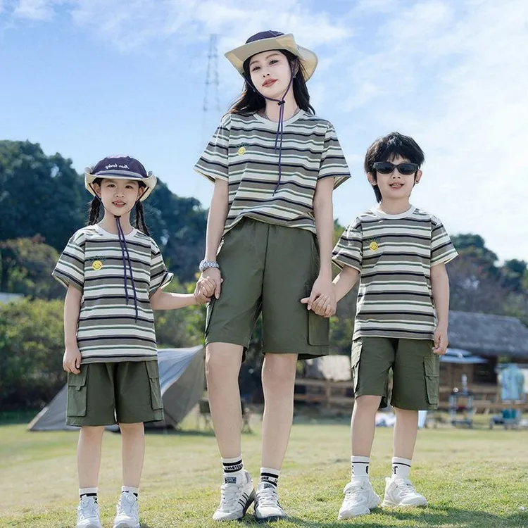 四口运动2025新款夏亲子装短袖季套装潮流条纹时尚休闲一家